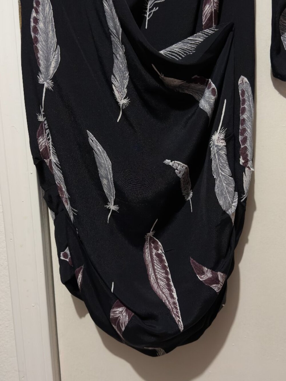 Line & Dot Black Feather Print Surplice Faux Wrap Mini Dress V-Neck - Picture 5 of 16